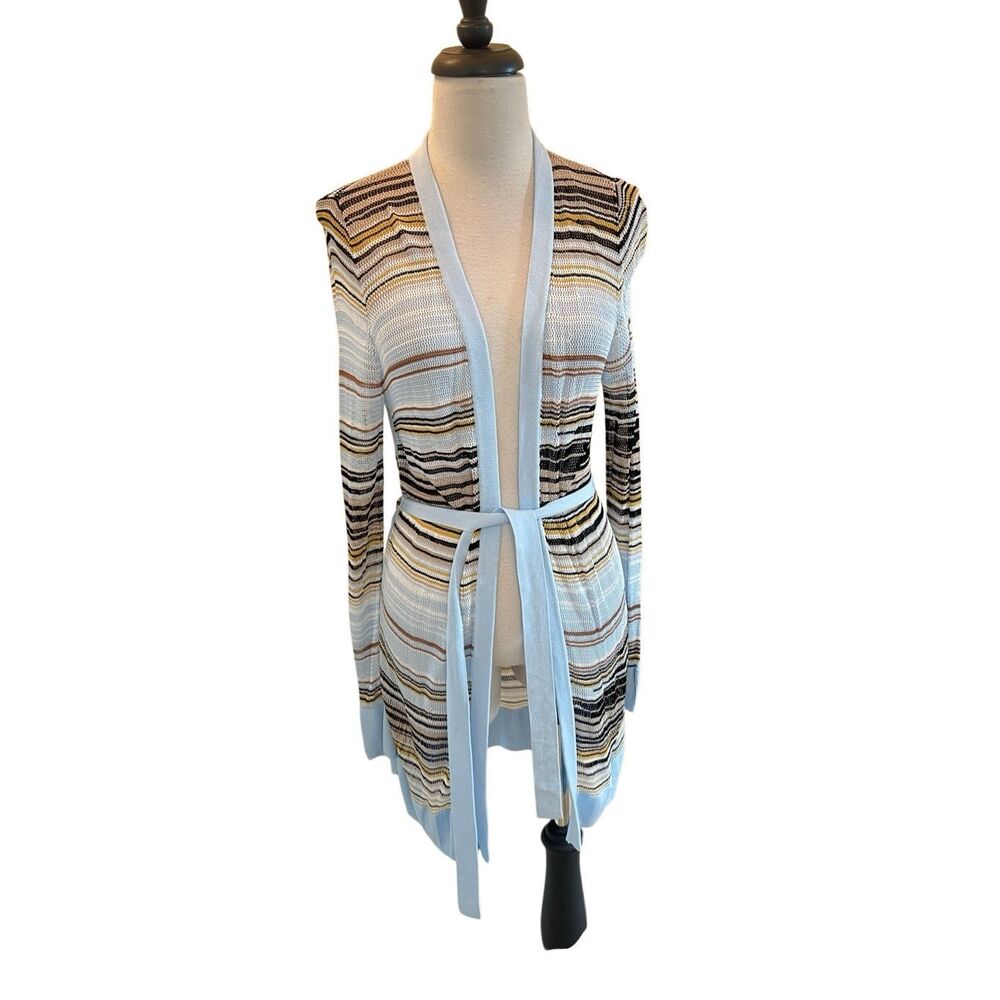 White House Black Market Women's Striped Belted Duster Cardigan Blue Tan Small - Picture 1 of 6